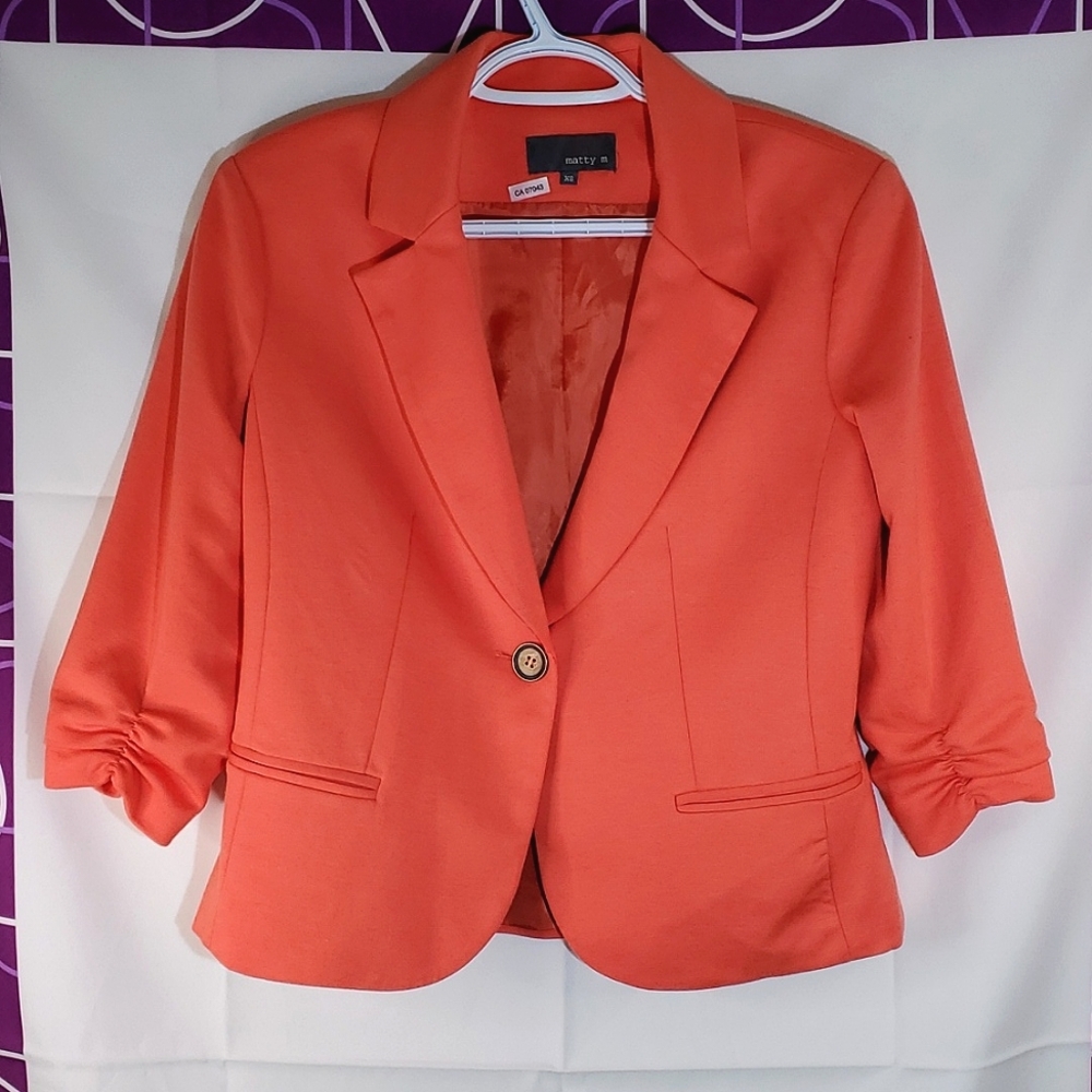 Matty M Deep Coral Orange/Pink 3/4 Sleeve, 1-Button Blazer - Size XSmall